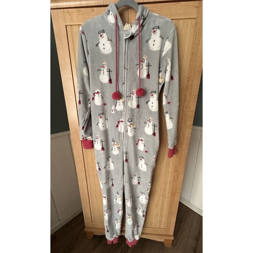 Munki Munki Women's One-Piece Hooded Fleece Pajamas Gray Pink Spark Size Small‎